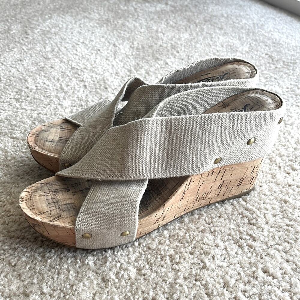 LUCKY BRAND linen elastic platform wedge Nautical Preppy Coastal sandals Sz 8